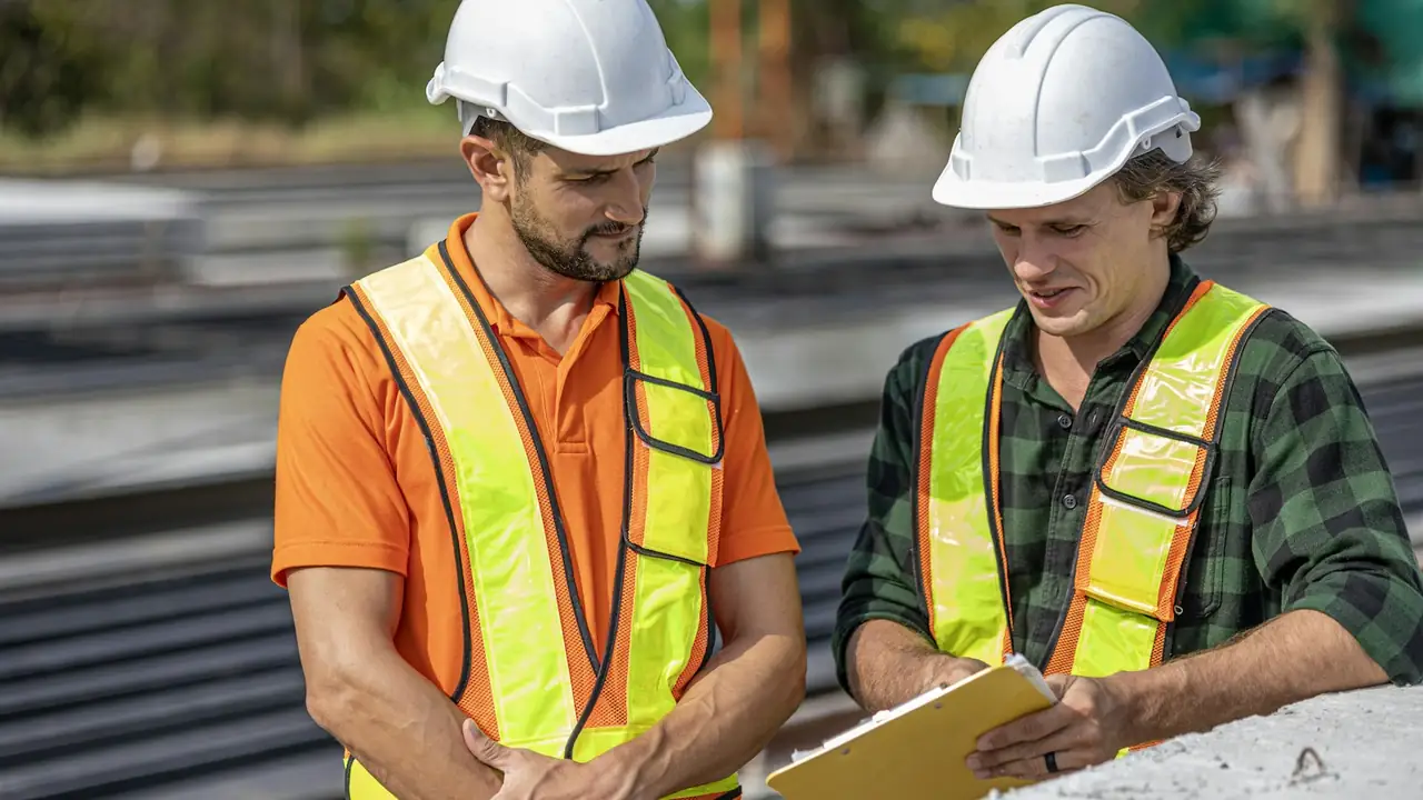 Dois trabalhadores de capacete e colete refletivo analisando uma prancheta em área industrial.