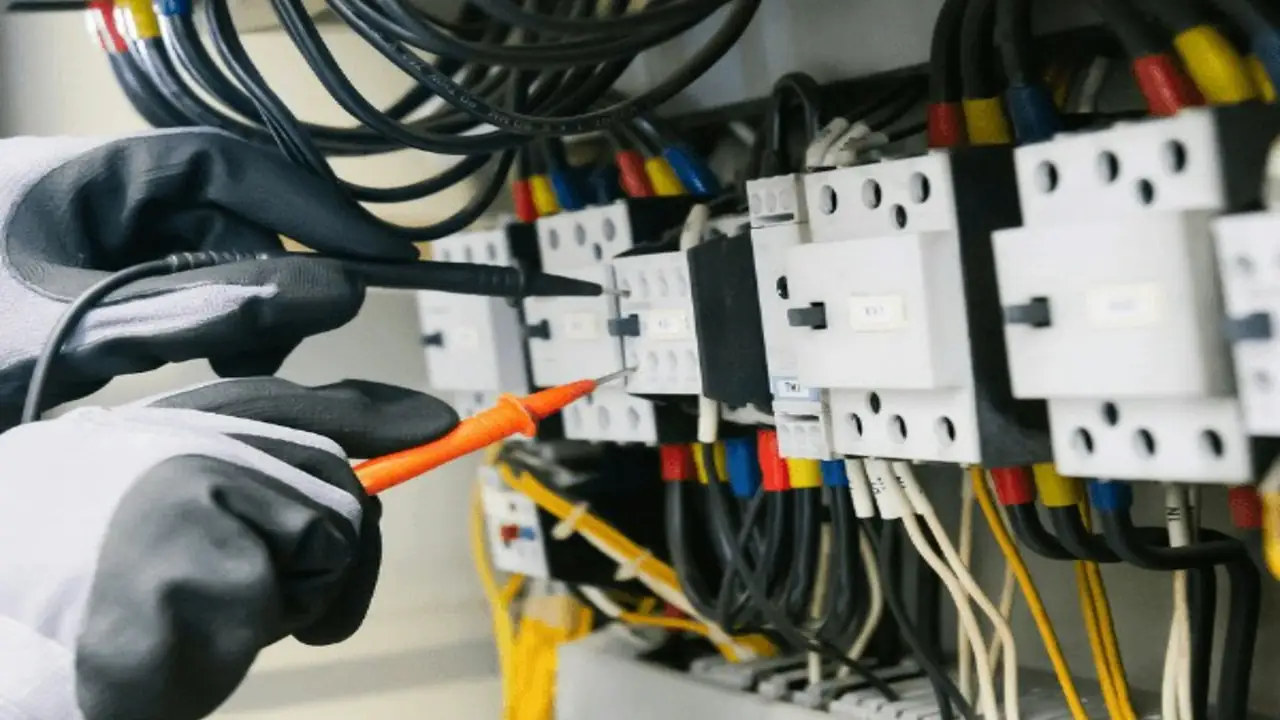 Eletricista com luvas isolantes usando chave de teste em contatores de um painel elétrico industrial.