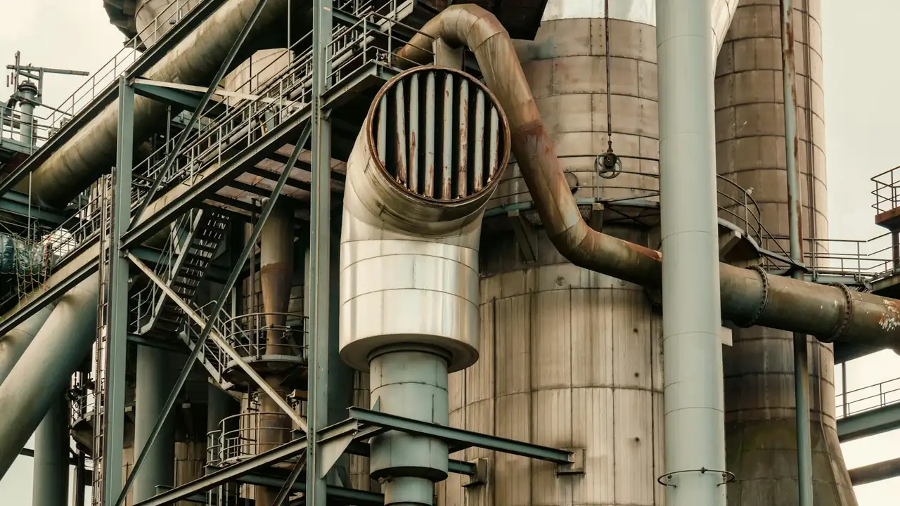Instalação industrial com tubulações, vasos e estruturas metálicas de uma planta de processo.
